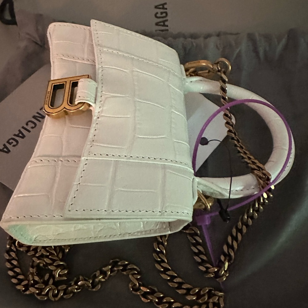 Balenciaga White Hourglass Croc-Embossed Mini Top-Handle Bag with Gold Chain - Picture 4 of 7